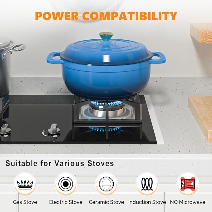 ROVSUN Enameled Cast Iron Round Dutch Oven, 6QT Pot with Lid &Dual Handles with Silicone Gloves,Oven Safe up to 500°F, Heavy-Duty Pre-Seasoned Cookware for Bread Baking, Braising, Stews, Roasting, Blue
