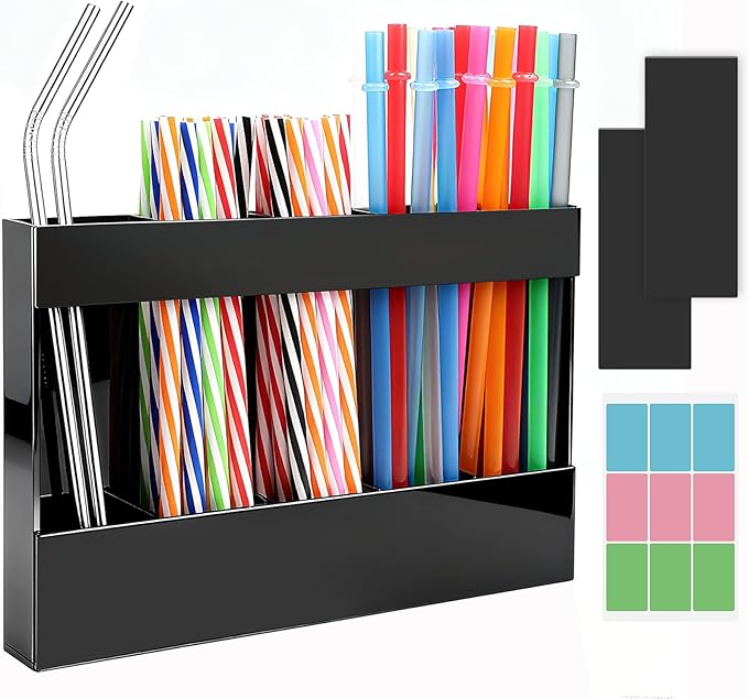 Acrylic Straw Holder, Straw Organizer Dispenser with Two Pieces Rubber Magnet Sheets, Drinking Straw Storage Holder for Cabinet Door Fridge Counter Kitchen Office (Black)