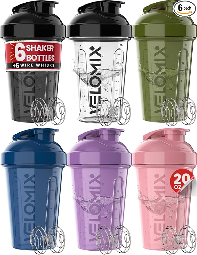 VELOMIX -6 PACK- Shaker Cups for Protein Shakes 20 oz - 6x Wire Whisk | Leak Proof Protein Shaker Bottle for Protein Shakes, Shaker Bottle Pack for Pre & Post Workout, Shaker Cup (Muted Contrast)