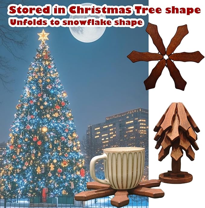Tree Trivet Set - 4 Pcs Walnut Wooden Trivets with Stand, Foldable Christmas Tree Hot Pot Holders | Snowflake Unfold Design, Effective Heat Insulation
