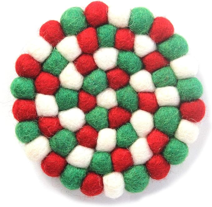 Global Crafts Hand Crafted Felt Ball Wool Trivet Mat from Nepal, 8" Round Pad Christmas