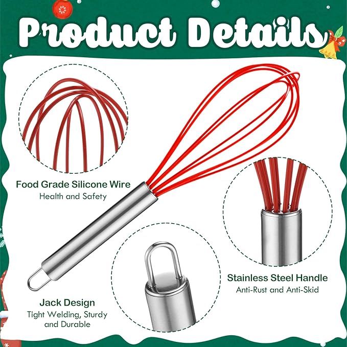 24 Sets 10 Inch Christmas Whisks Supplies Gifts Sets, Includes Silicone Whisks, Greeting Cards, Ribbons, Plastic Bags DIY Fillable Christmas Tree Ornaments for Xmas Cooking Supplies Gift