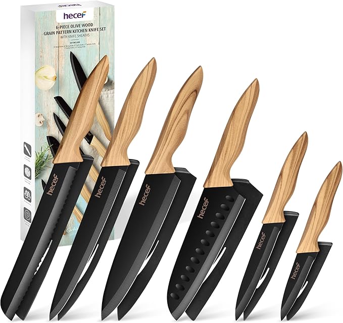 hecef Vintage Kitchen Knife Set of 6, Dishwasher Safe, Sharp Knives with Stainless Steel Blade, Lightweight Handle, Non-stick Coating Set Includes 7", 5", 3.5" Knives