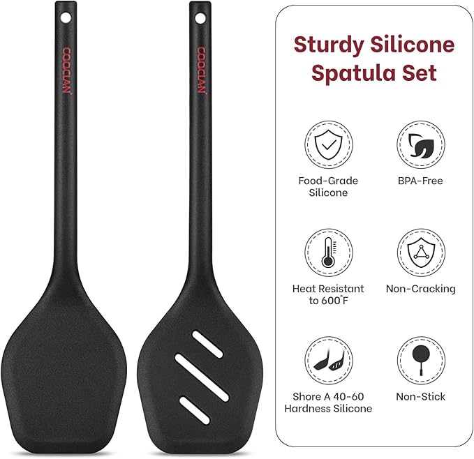 Pack of 2 Silicone Spatula Turner Set, Heat Resistant BPA-Free Silicone Kitchen Spatula Set for Non-Stick Pans, One-Piece Design Solid & Slotted Turner Ideal for Flipping Eggs, Pancakes, Black