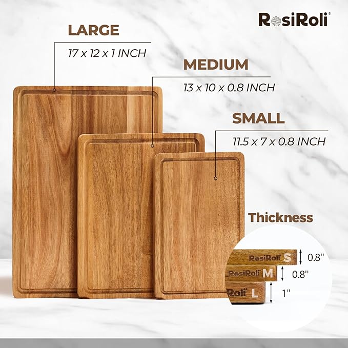 Acacia Wood Cutting Board for Kitchen, 3 Set with Holder - FSC Certified Large Wood Charcuterie Cheese Board with Handles and Juice Grooves, Wooden Chopping Block, Ideal Gift Set of 3 (S/M/L)