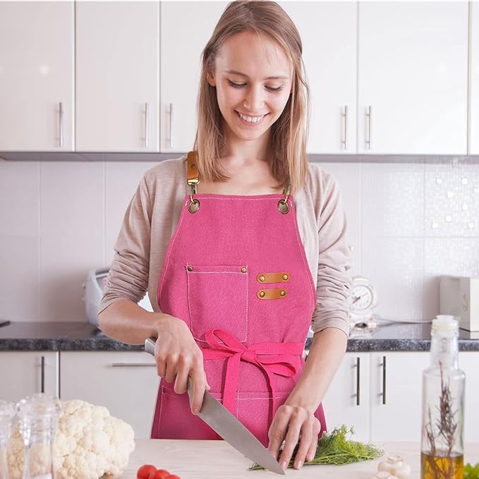 ZOMAO Apron for Women,Baking Kitchen Cooking Apron with Pockets, Cotton Canvas Cross Back Apron with Adjustable Strap and Large Pockets,BBQ Drawing Crafting Aprons for Women Chef (Pink)