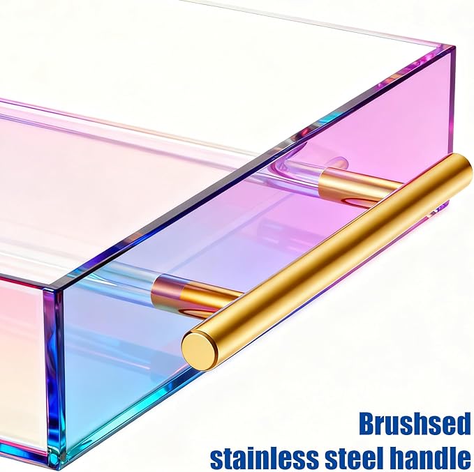 Acrylic Serving Tray with Handles Large Ottoman Food Decorative Tray for Coffee Table Tea Fruit Snack Kitchen Bar Platter, 17x13’’, Iridescent Rainbow