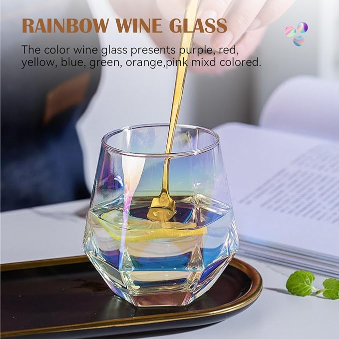 CUKBLESS Stemless Wine Glass Set Of 4(10 Oz),Iridescent Glassware,Modern Rainbow Wine Glass For Serving White Wine, Red Wine, Cocktail, Whiskey, Bourbon, Cool Water
