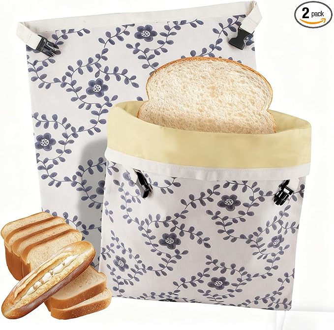 Reusable Beeswax Bread Bags for Homemade Bread Sourdough Loaf 17in x12.9in Large Beeswax Storage Bags farmhouse bread box Cotton Linen Bag 2 Pack Portable Bread Containers (Blue flower)