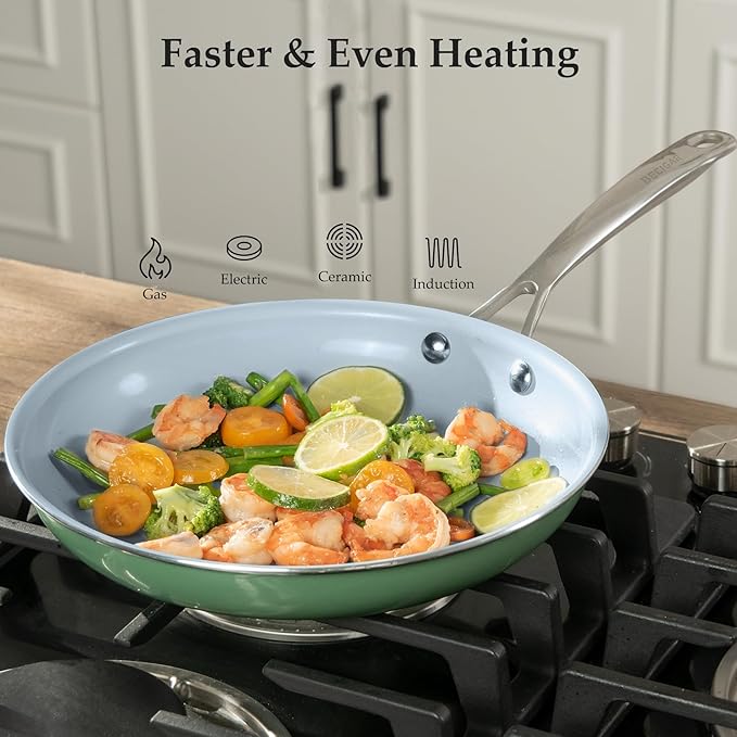 Ceramic Frying Pan Set with Stainless Steel Handle - Perfect Cookware Set for Steak & Non Stick Cooking - Ceramic Pans Set Non Stick Trendy Essential for Young Chefs(Green)
