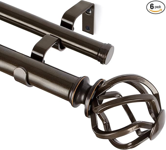 KAMANINA 1 Inch Double Curtain Rod 72 to 144 Inches (6-12 Feet), Antique Bronze Curtain Rods for Windows 66 to 120, Heavy Duty Telescoping Drapery Rods with Twisted Cage Finials