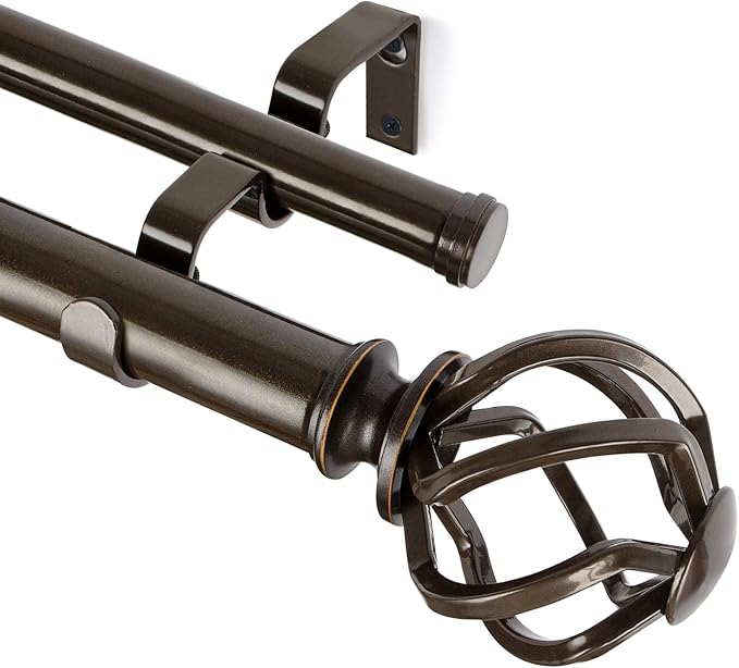 KAMANINA 1 Inch Double Curtain Rod 140 to 195 Inches (12-16 Feet), Antique Bronze Curtain Rods for Windows 60 to 191, Heavy Duty Telescoping Drapery Rods with Twisted Cage Finials