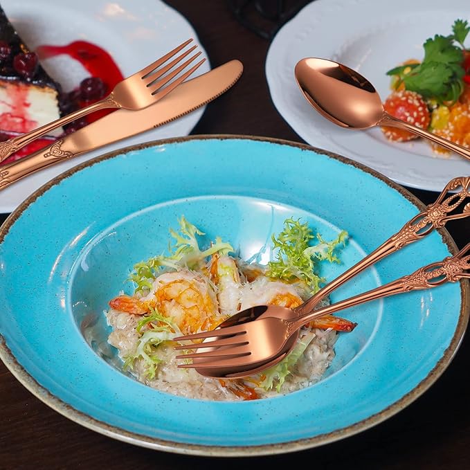 Royal Flatware Set for 4 Copper/Rose Gold Silverware Stainless Steel Cutlery 20 Piece With Vintage Relief Deisgn Kitchen Utensils Retro Forks Spoons Knives Parties Daily Use