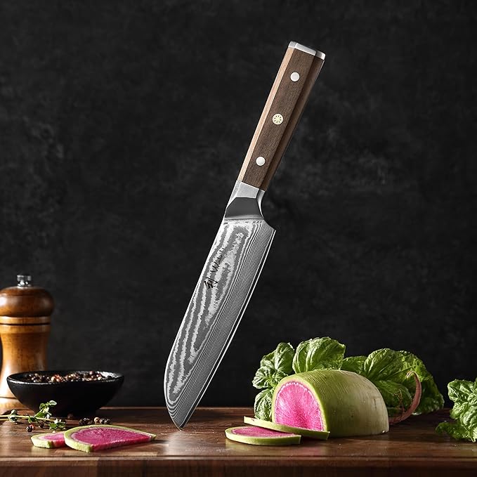 Wakoli HIK Damascus Santoku Knife – Full Tang Multipurpose Kitchen Knife | 7-Inch Blade Made of 67-Layer Damascus Steel with VG10 Core | Walnut Wood Handle | Sharp, Durable, Gift Box Included