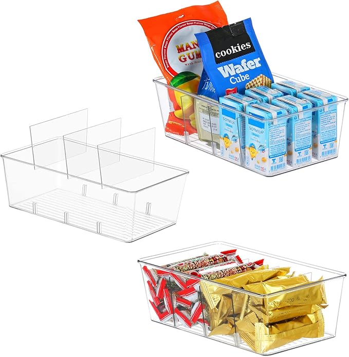 wilfox Pantry Organization, 3 Pack Clear Organizer Bins with Removable Dividers for Pantry, Kitchen, Fridge, Cabinet, Stackable Storage Bins for Snack, Pouches, Spice Packets