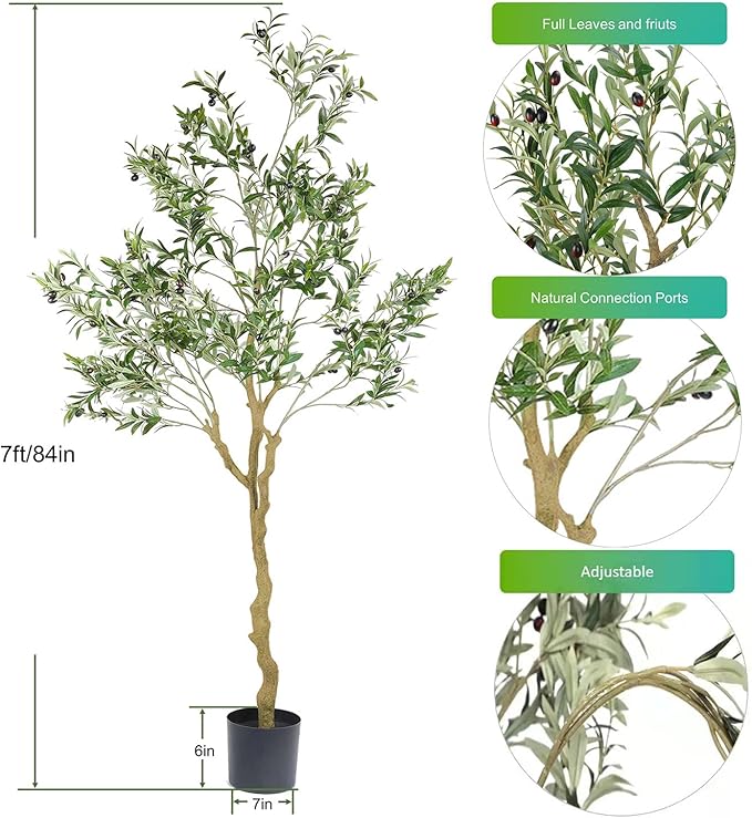 Tall Faux Olive Tree，7ft（84in） Realistic Potted Silk Artificial Indoor with Green Leaves and Big Fruits for Home Office Living Room Bedroom Stairs Foyer Decor.