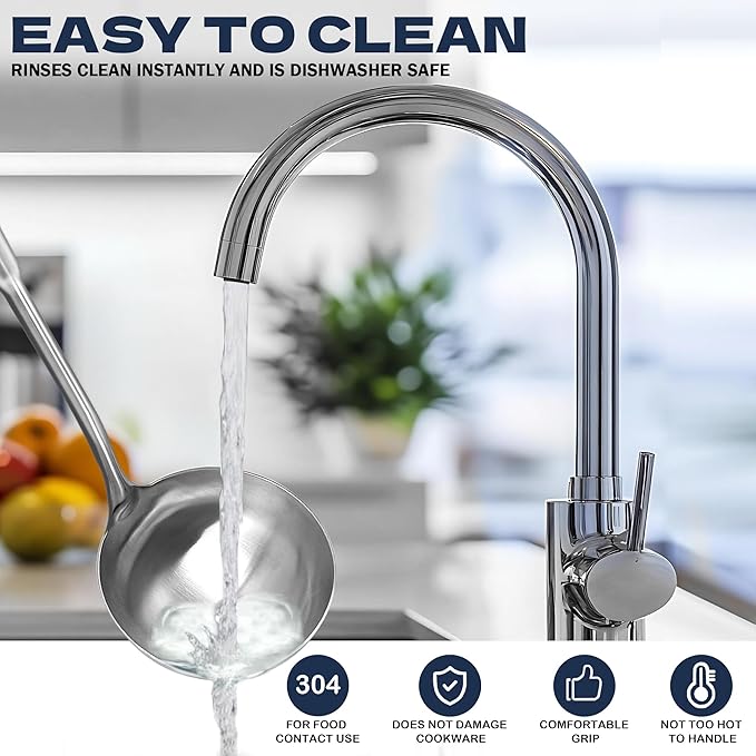 Solid Stainless Steel Soup Ladle, 13.7" Food-Grade 304 Rust-Free Table Ladle, Brashed-Polished & One-Piece Dishwasher-Safe, Ergonomic Long Handle for Home, Kitchen, Restaurant