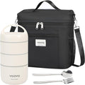 Voova Stackable Stainless Steel Thermal Lunch Box with Lunch Bag and Cultery Set for Adult Women Men, 3 Tier Leakproof & Microwave Safe Insulated Bento Boxes Food Container for Work, Black