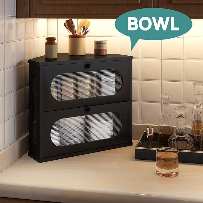 Corner Bread Box for Kitchen Countertop, 2 Tier Black Corner Bread Box, Bamboo Wood Large Capacity Bread Storage Bin with Acrylic Wavy Door Panel
