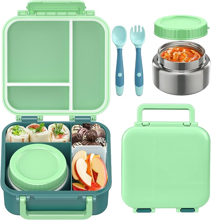 Bento Box for Kids with Soup Thermos(9oz)– Kid Bento Lunch Box with Leak Proof Insulated Food Jar, Hot & Cold Lunch Container Set for School Girls Boys, 4-Compartments, Dishwasher Safe, Green