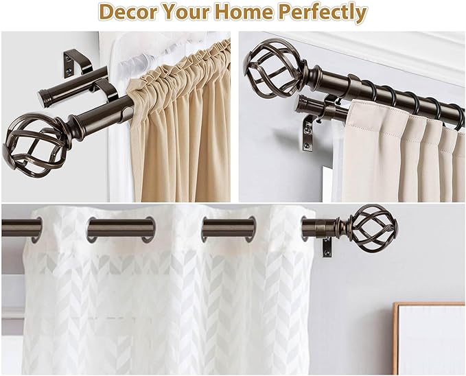 KAMANINA 1 Inch Double Curtain Rods 66 to 120 Inches (5.5-10 Feet) Telescoping Heavy Duty Drapery Rod for Windows 54 to 115 with Twisted Cage Finials, Antique Bronze