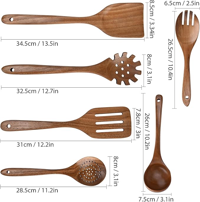 Wooden Spoons for Cooking,6PCS Teak Wood Cookware Utensil Set,Lightweight,Durable and Heat-Resistant – Easy to Clean, Perfect for Non-Stick Cookware