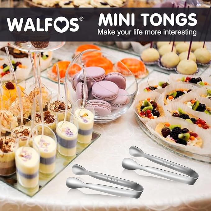 Walfos Mini Tongs for Serving Food, Small Stainless Steel Kitchen Tongs for Appetizers, Sugar, Desserts, Tea Party, Coffee Bar, Set of 12 (Silver)