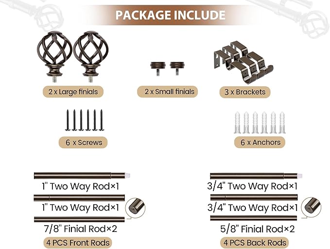 KAMANINA 1 Inch Double Curtain Rods 66 to 120 Inches (5.5-10 Feet) Telescoping Heavy Duty Drapery Rod for Windows 54 to 115 with Twisted Cage Finials, Antique Bronze