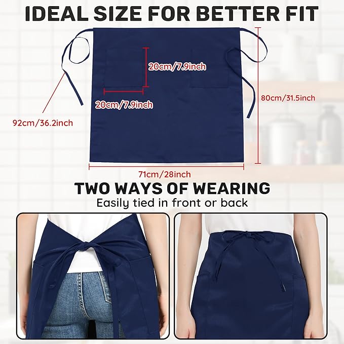 3 Pack Waist Apron with 3 Pockets, Unisex Black Waiter Aprons, Water Resistant Server Aprons for Restaurant Chef Bar