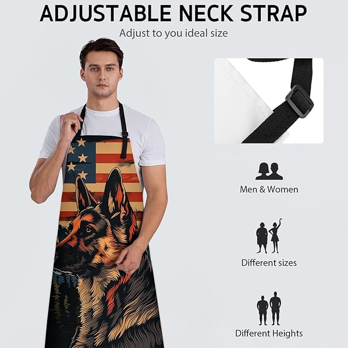 German Shepherd Pattern Apron, Adjustable Kitchen Patriotic Design with Dog Silhouette Aprons with Pockets for Cooking BBQ Gardening, 28×33 IN, Gifts for Women, for Chef Baking, Oxford Fabric