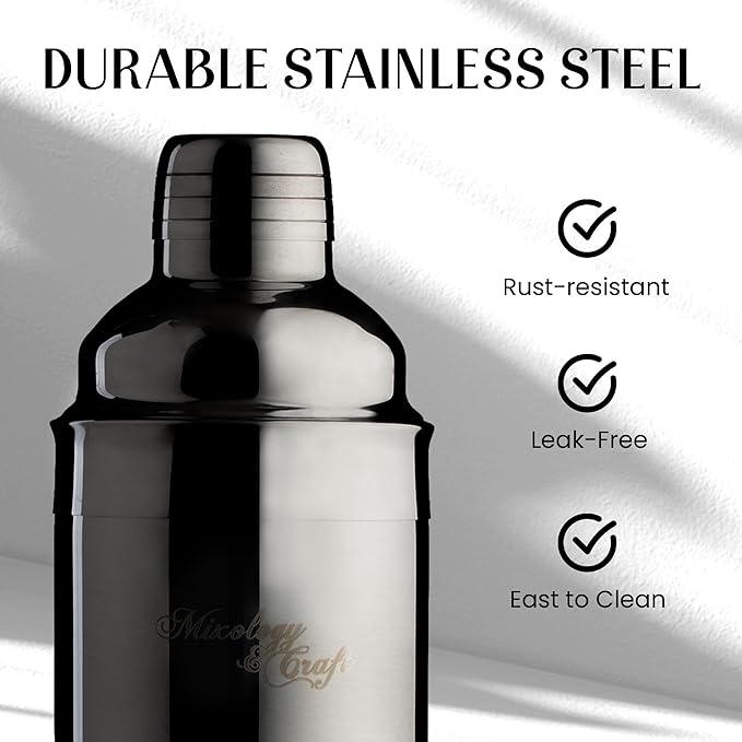 Mixology & Craft 11-Piece Cocktail Shaker Set, Bartender Kit with Stand, Stainless Steel Bar Tools, Dual Jiggers, Muddler & Pourers, Wood Display for Home Bar - Gift Ready (Gun-Metal Black)