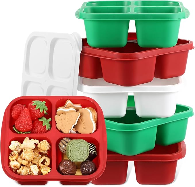 Honeydak 5 Pack Snack Containers 4 Compartment Bento Snack Boxes Reusable Lunchable Containers with Lids Divided Meal Prep Lunch Food Storage Box for School Work Travel(Christmas,Equal)