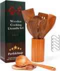 Wood Spoons for Cooking,9 Pcs Natural Teak Wooden Cooking Utensils Set with Holder ＆ Spoon Rest, Soft Comfort-Grip Wooden Kitchen Utensil Set for Non-Stick Cookware
