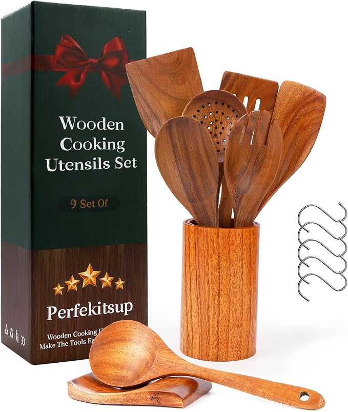 Wood Spoons for Cooking,9 Pcs Natural Teak Wooden Cooking Utensils Set with Holder ＆ Spoon Rest, Soft Comfort-Grip Wooden Kitchen Utensil Set for Non-Stick Cookware