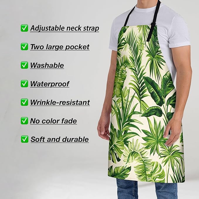 Green Apron for Women, 28x33in, Kitchen Chef Aprons with 2 Pockets, Polyester, Tropical Leaves Plant Apron for Cooking BBQ Baking Gardening Chef, Gifts for Mom Wife Dad