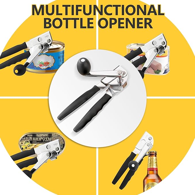 Commercial Can Opener, Hand Crank Can Opener Manual Heavy Duty, Ergonomic Design, with Comfortable Long Handles, Oversized Knob, Large Handheld Can Open Easy for Big Cans, for Seniors, Black