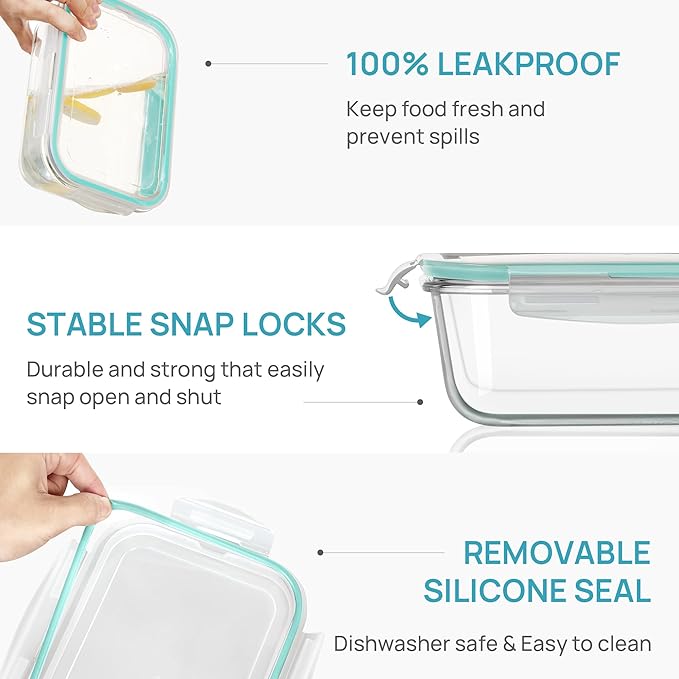 Vtopmart 2Pack 1860ml/63oz Large Glass Storage Containers with Lids, Meal Prep Food Container Set with Snap Airtight Lid for Baking, Microwave, Oven, Leak Proof, for Freezer, Dishwasher, Green