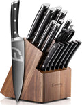 Emojoy Knife Set, Kitchen Knife Set with Block – 17 PCS German Titanium Steel Knives with Heavy-Duty Acacia Wood Block and Built-in Sharpener for Home Cooking, Dishwasher Safe