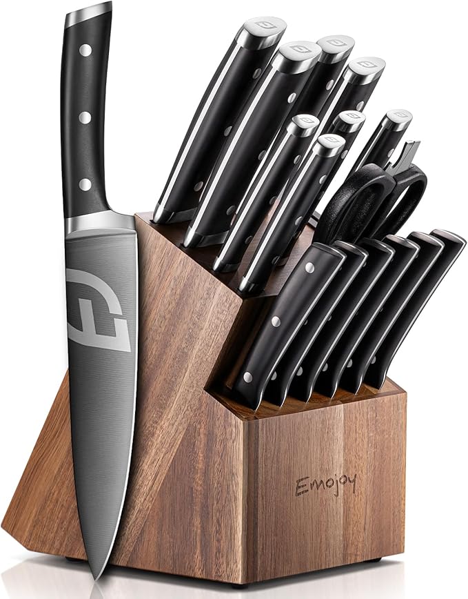 Emojoy Knife Set, Kitchen Knife Set with Block – 17 PCS German Titanium Steel Knives with Heavy-Duty Acacia Wood Block and Built-in Sharpener for Home Cooking, Dishwasher Safe