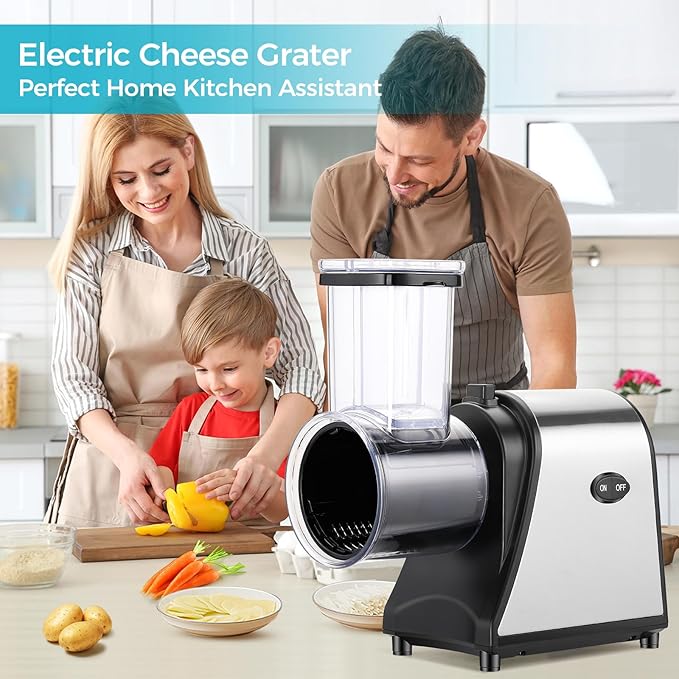 Electric Cheese Grater 250W Vegetable Slicer with 5 Different Shapes of Blades for Shredding/Slicing/Grating, Compact Automatic Cheese Shredder for Block Cheese, Carrots, Fruit, Nuts