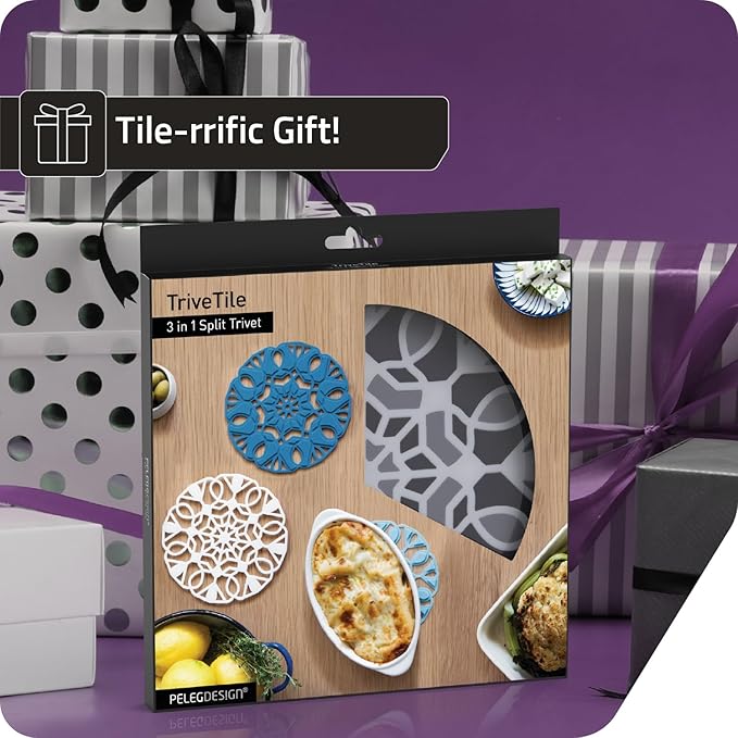 Peleg Design TriveTile Trivet Set – for Hot Pots and Pans - Fun and Decorative – Non-Slip Heat-Resistant Kitchen Trivets - Split into 3 Trivets, Holds 3 Dishes Simultaneously - 7x7 inches (Charcoal)