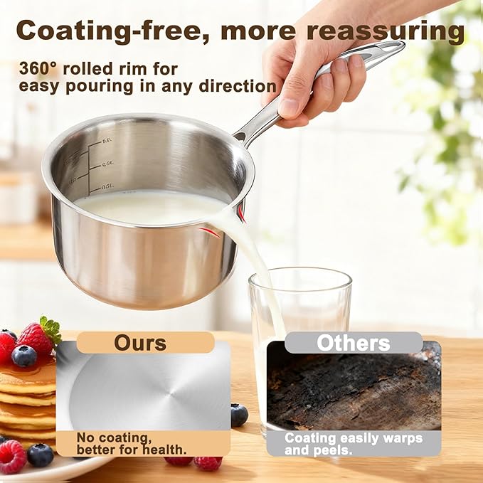 2 Quart Triple Stainless Steel Saucepan with Lid, Ramen Pot with Clear Glass Cover, Small Sauce Pan for Cooking Oatmeal, Induction-Ready, Dishwasher-Safe, Suitable for All Stoves