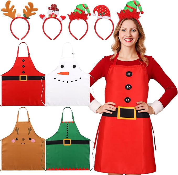 Ramede 4 Set Christmas Apron Adjustable and Headbands Christmas Kitchen Santa Cooking Aprons Xmas BBQ Snowman Funny Chef Set for Women Men Costume Gifts Accessories Headwear Party Favors
