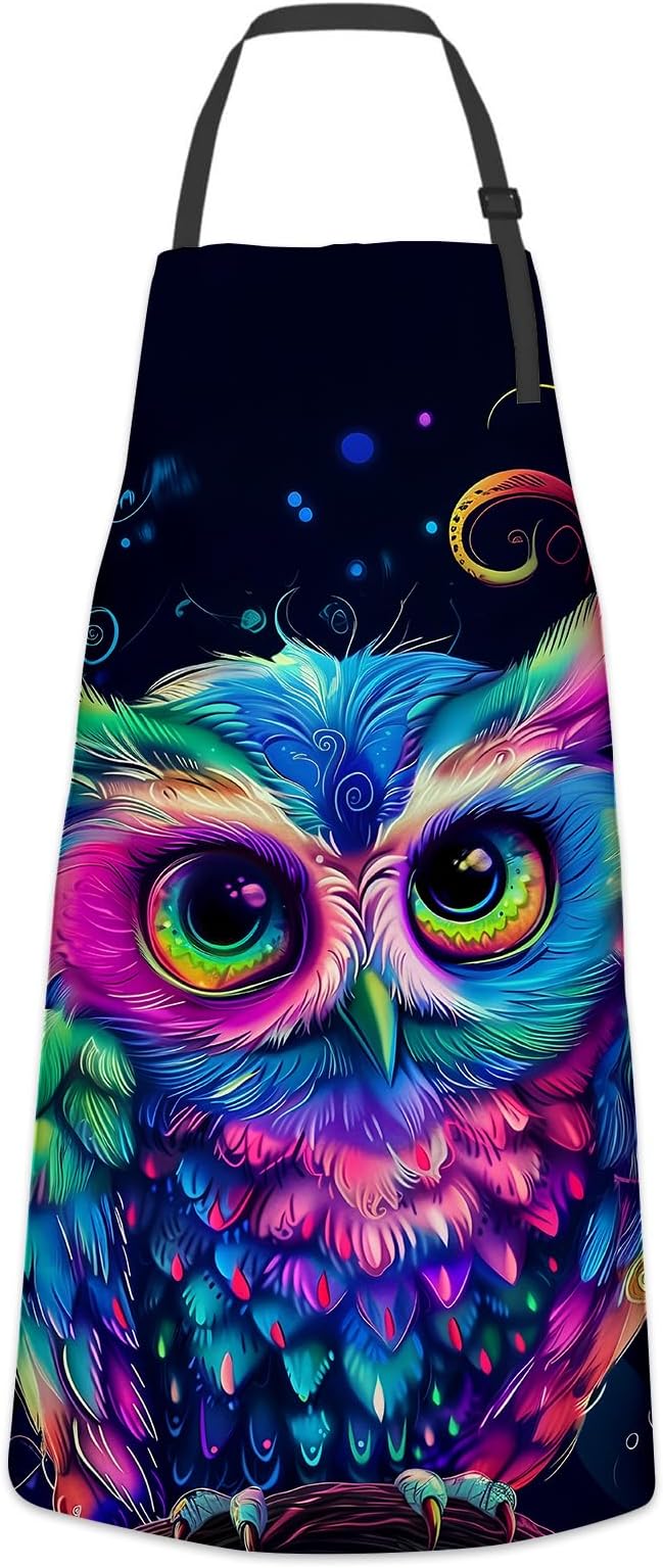 Beautiful Owl Apron for Women Men, Cooking BBQ Chef Polyester Lightweight Colorful Artistic Owls Aprons with Pockets for Baking Kitchen Gardening Cleaning, Adjustable Neck Strap, 28×33inch