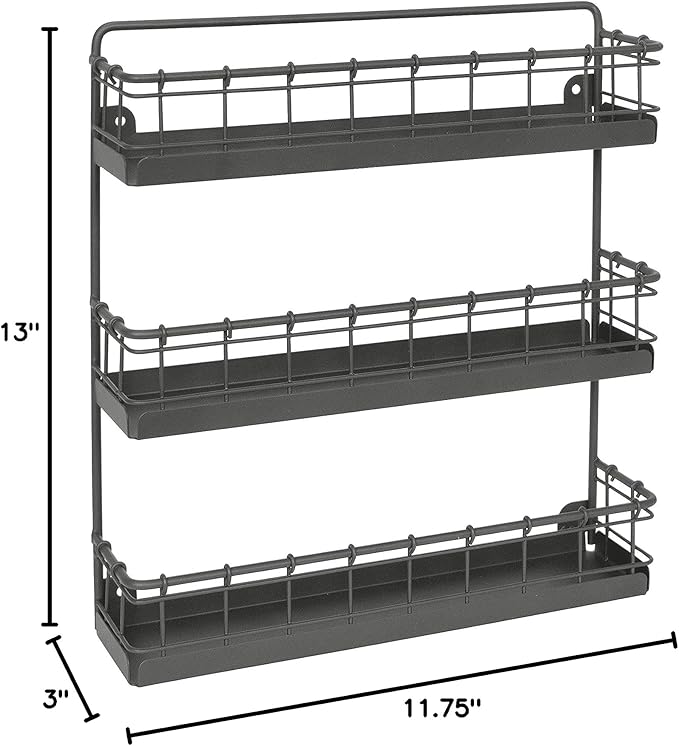 Spectrum Diversified Storage for Kitchen, Pantry, Cabinet, Industrial Gray Spectrum Vintage Wall-Mount 3-Tier Spice Rack, Large