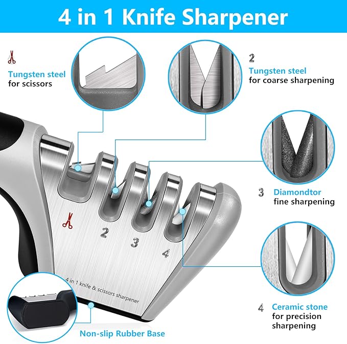 4-in-1 knife sharpener [4 stages], original quality polishing blade, the best kitchen tool for paring knives, steel knives and scissors - including a pair of anti-cutting gloves