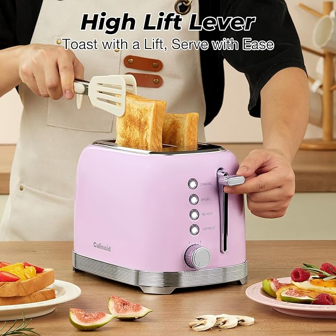 Toaster 2 Slice Retro Stainless Steel with 1.5” Extra Wide Slots Bagel, Defrost, Reheat, Cancel Functions, 6 Bread Shade Settings, Removable Crumb Tray, Pastel Pink