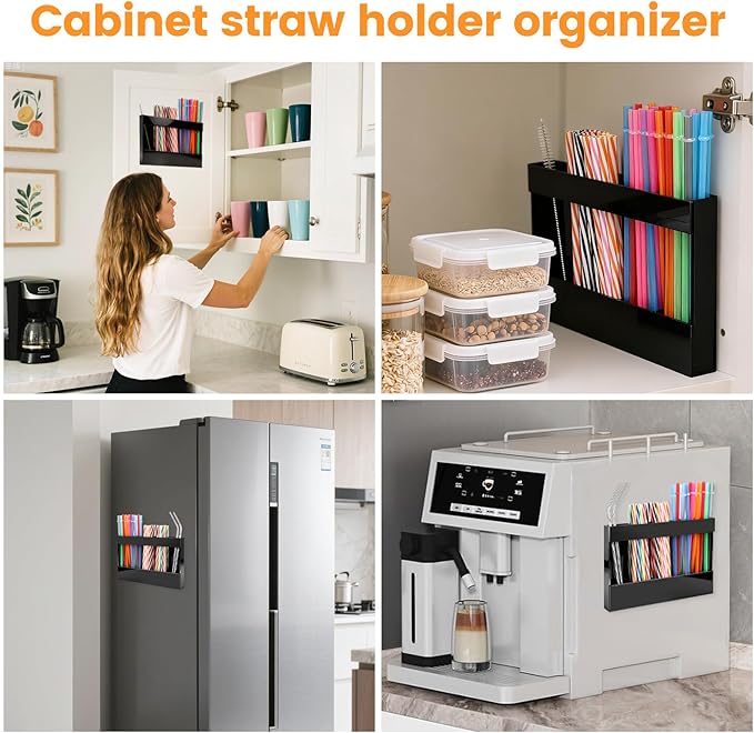 Acrylic Straw Holder, Straw Organizer Dispenser with Two Pieces Rubber Magnet Sheets, Drinking Straw Storage Holder for Cabinet Door Fridge Counter Kitchen Office (Black)