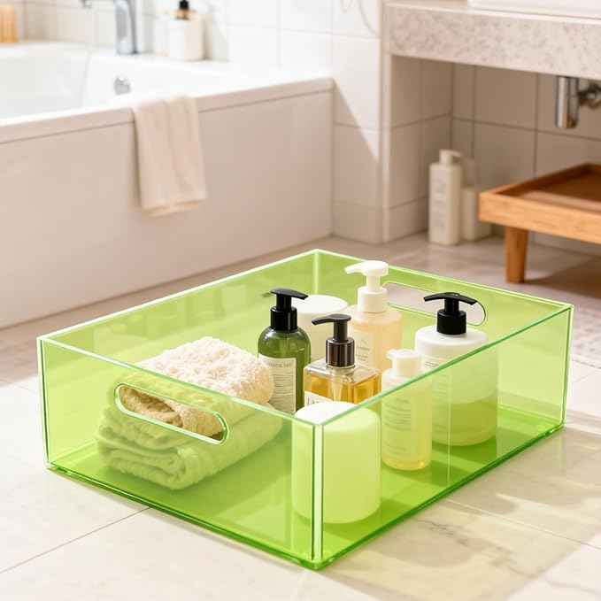 Acrylic Storage Bin Pantry Storage Container with Handles Kitchen Organizer Bin for Cabinet Cupboard Organization, Heavy Duty, 12.6 x 9.4 x 4'', Neon Green