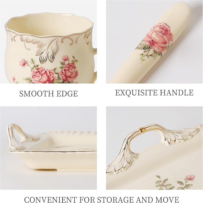 Ceramic Tea Set, 4 Cups and Spoons, One Sugar Bowl, One Milk Kettle, One Storage and Removeable Tray, for Home Party or Wedding Service, Pink Rose